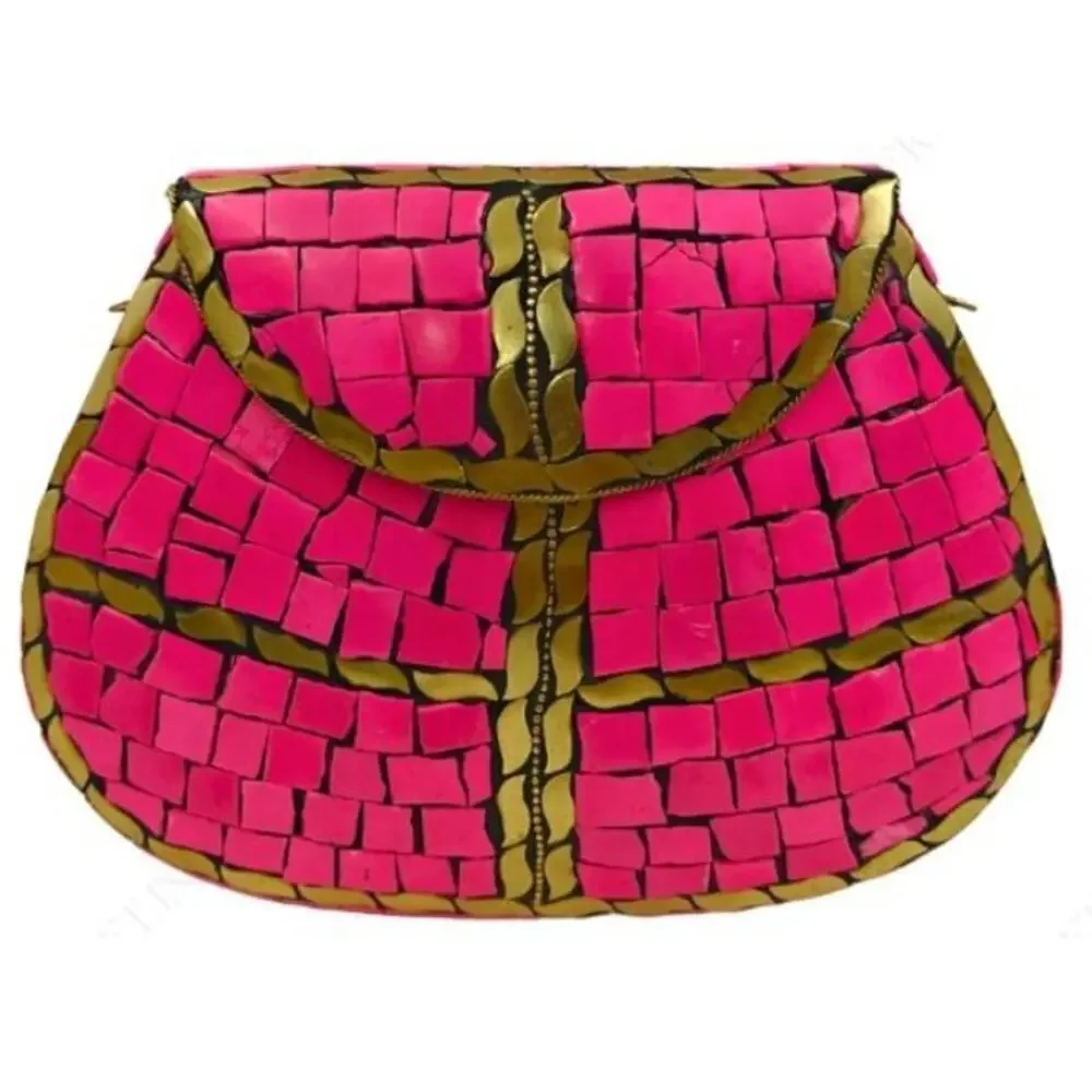 NEW Women's Glossy Pink Mosaic Tiles Gold Accents Semi-Circle Design Clutch